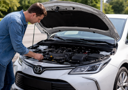 Toyota Corolla avec capot ouvert, inspection du moteur pour diagnostic de panne
