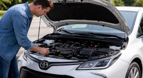 Toyota Corolla avec capot ouvert, inspection du moteur pour diagnostic de panne