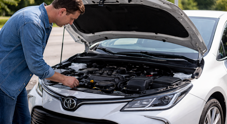 Toyota Corolla avec capot ouvert, inspection du moteur pour diagnostic de panne